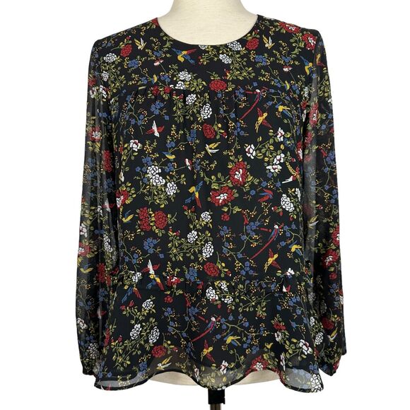 Madewell Top Women Size Small Bird Floral Dark Cottagecore Ruffle Peplum Blouse - Picture 2 of 14